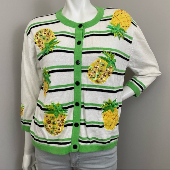 Pineapple Embellished Cardigan Sweater - Green and White - Picture 1 of 9